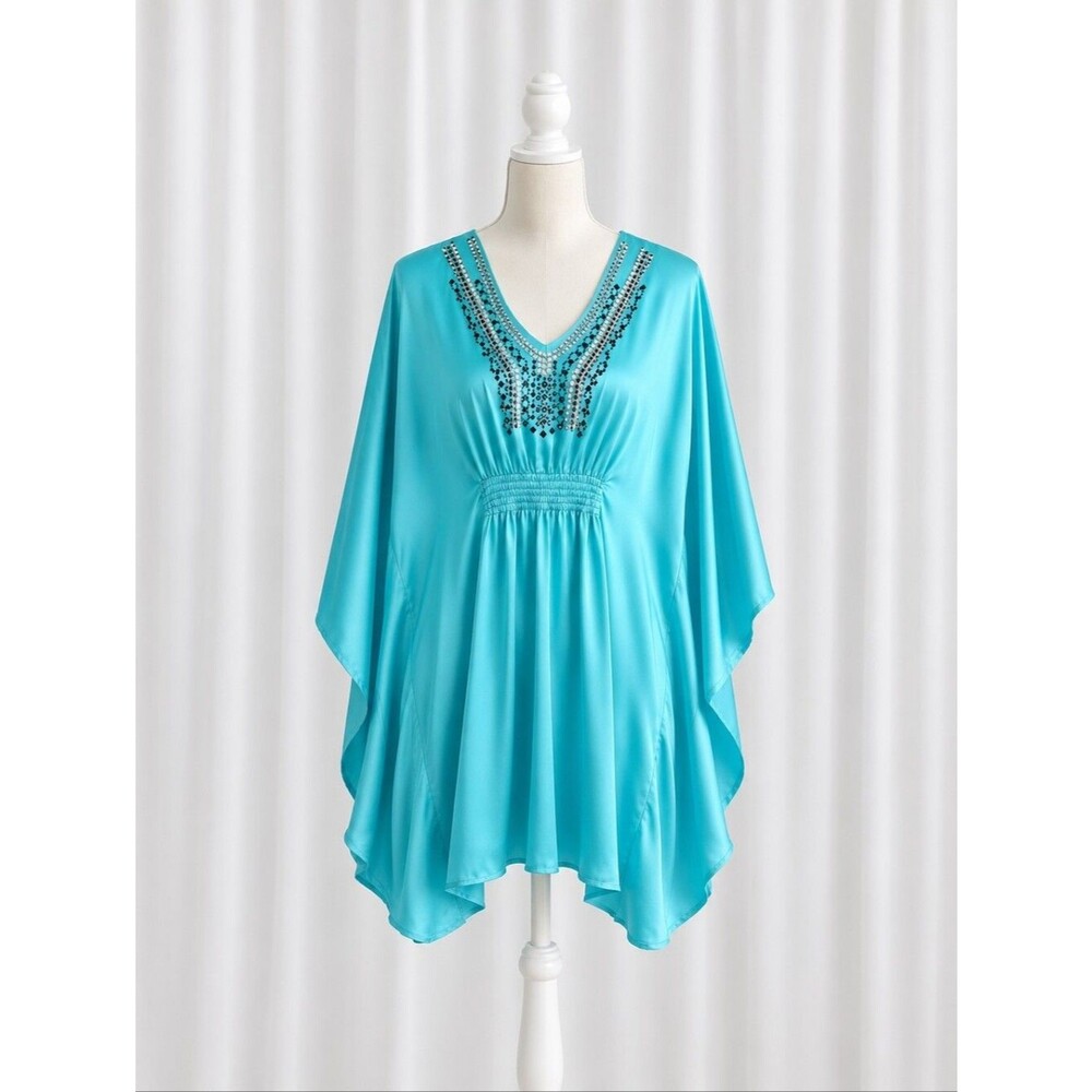 Cache Vintage Aqua Stud Embellished Batwing Goddess Style Tunic Caftan Blouse